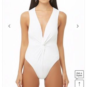 Forever 21 White Ribbed Twist Front Bodysuit